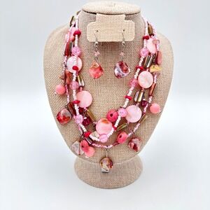 You And I Statement Necklace Earrings Set Multi Strand Pink Red Shell Beaded